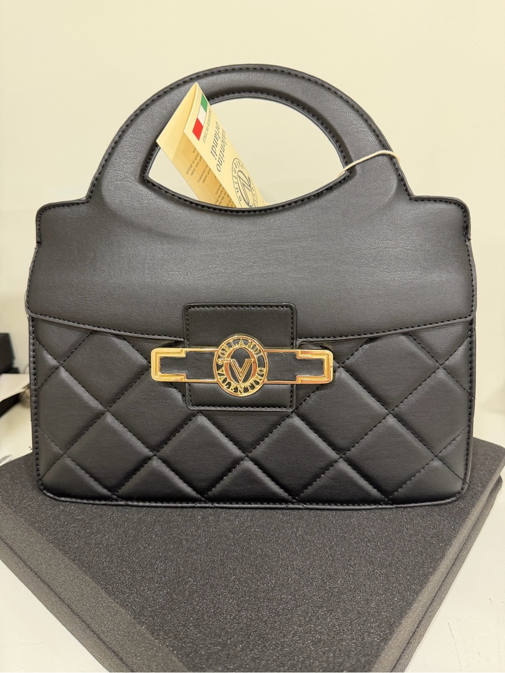 NWT Valentino Orlandi Black Quilted Top-Handle Bag with Gold Accent W/ Crossbody